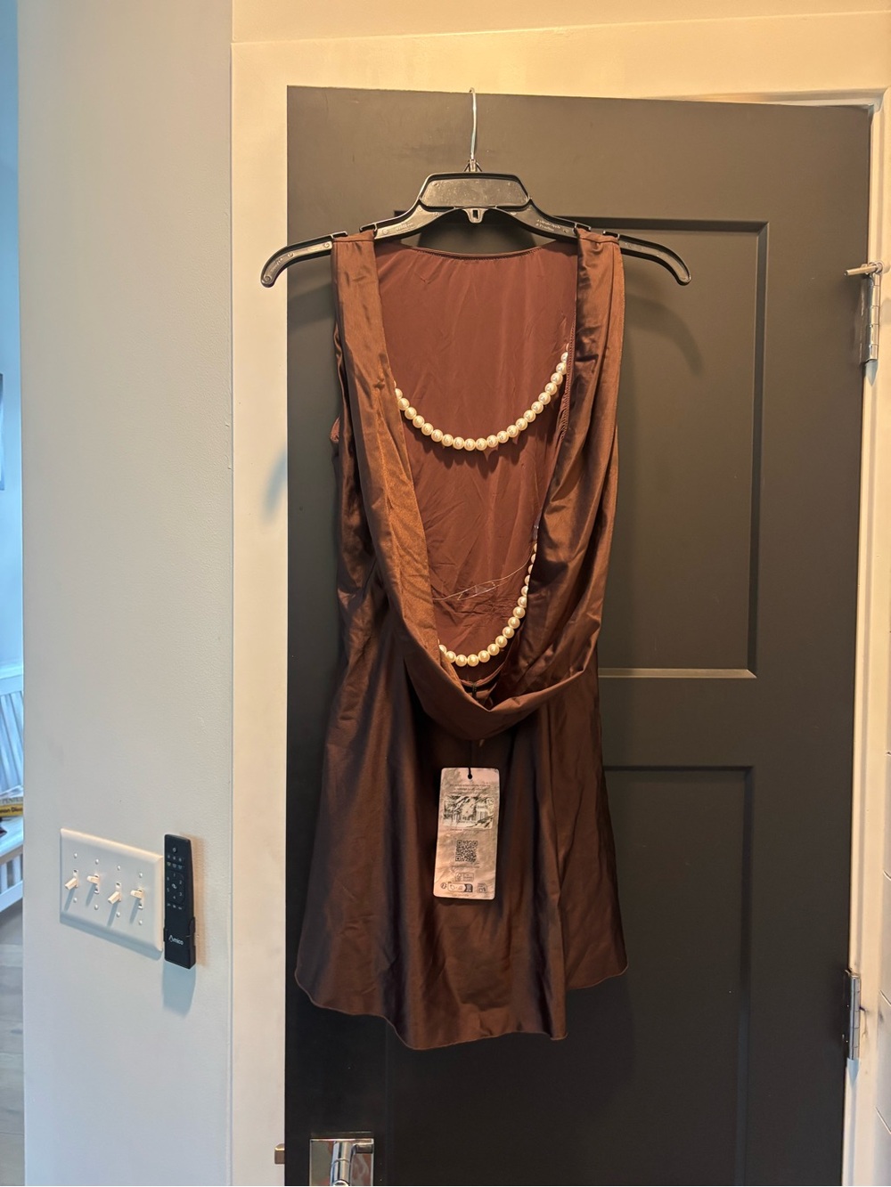 Oh Polly Monnie Draped Open-Back A-Line Mini Dress 6 Pearl Chocolate Brown NWT - Picture 8 of 12